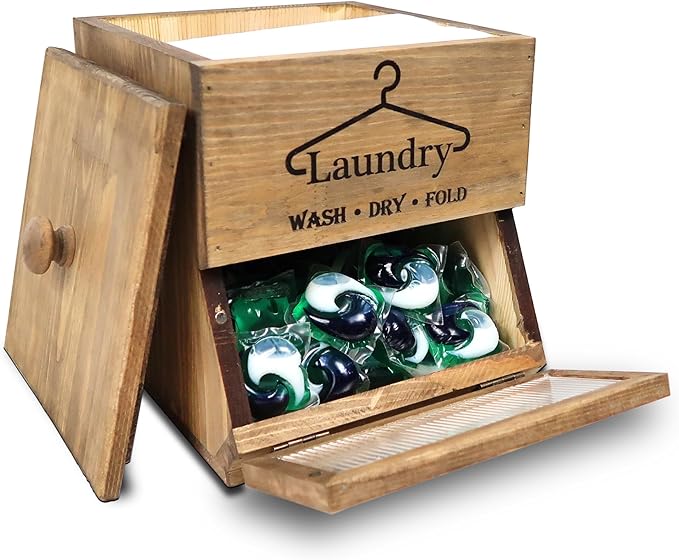 Besuerte Laundry Pod Holder - 2 Tiered Rustic Wooden Dispenser, Dryer Sheet Container for Laundry Room Organizer, Brown