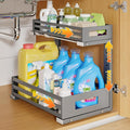 1-Pack Under Sink Organizers and Storage,2-Tier L Shape Pull Out Cabinet Organizer With Round Tube Slide Rails,Hight Adjustable Slide Out Drawers for Kitchen&Bathroom,Multi-Purpose Storage Shelf-Gray