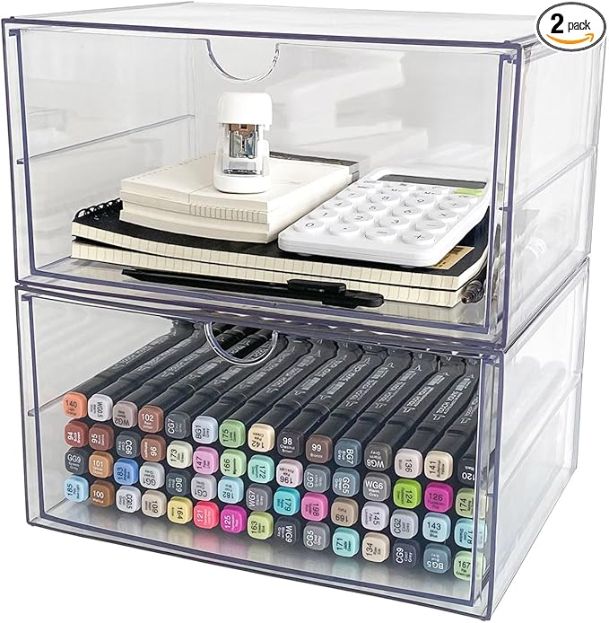 Clear Desk Organizers and Accessories, 2 Pack Plastic Drawer Organizer for Office Supplies, Marker Pen, Art Crafts, Stationery, Coffee Pods, Stackable Home Storage (2 Drawers)