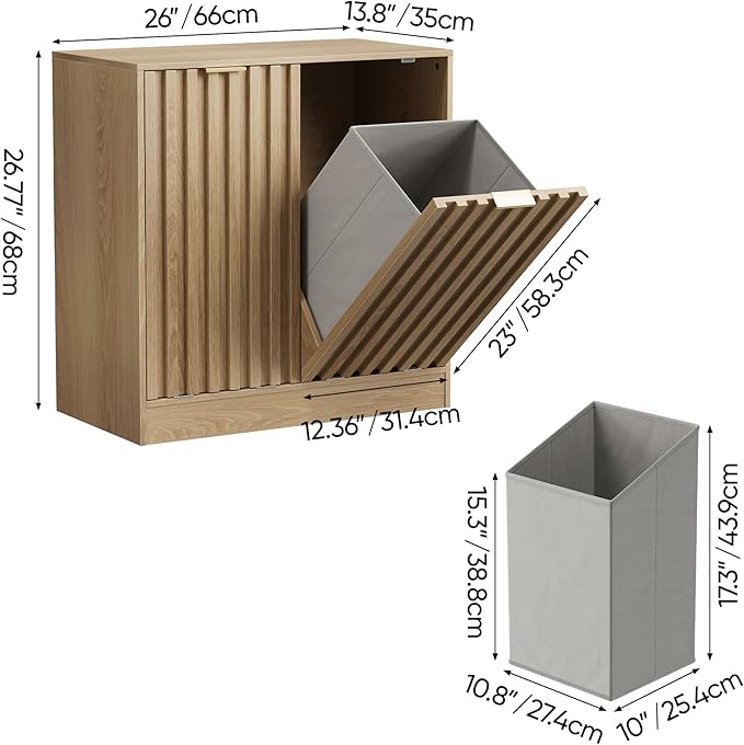 Double Tilt Out Laundry Hamper Cabinet, 11.8 Gallon Fluted Hidden Trash Cabinets with 2 Baskets for Bathroom Kitchen & Living Room, Freestanding Bathroom Storage Cabinet（Natural Oak）