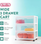 Sterilite Wide 3 Drawer Storage with Wheels, Plastic Rolling Organization Cart, White Frame