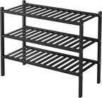 3 Tier Bamboo Shoe Rack for Closet Free Standing Wood Shoe Shelf Storage Organizer for Entryway Small Space Stackable 27"x11"x20" (Black)