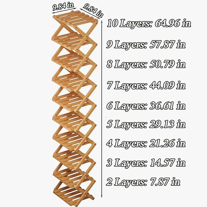 2/3/4/5/6/7/8/9 Tier Bamboo Folding Shoe Rack,2026 New Bamboo Foldable Shoe Rack,no Installation Required,Vertical Multi-Layered Organizer,Space-Saving for Entryways& Balconies (Brown, 3)