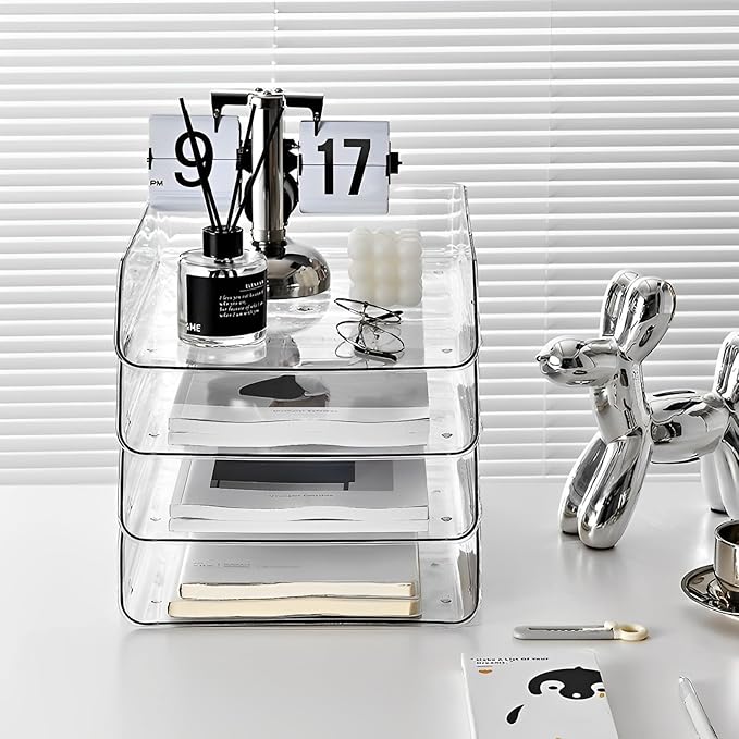 Gagee 4 Pack Paper Organizer for Desk,Clear Stackable Paper Sray Holder, Office Desk Organizer for Notes, Pens, File, Document