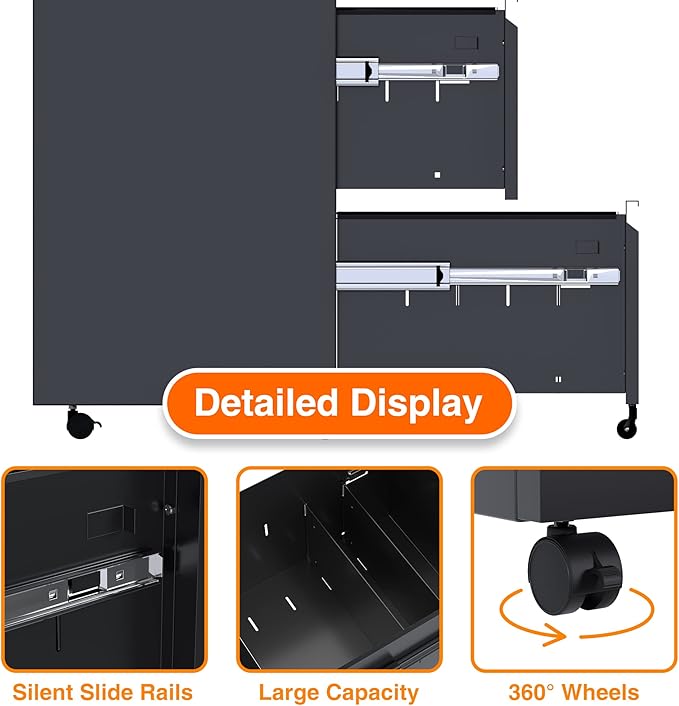 Aobabo 2 Drawer File Cabinet with Lock, Pre-Assembled Mobile Filing Cabinet Under Desk, Anti-Tilt Rolling Metal Office Storage for Letter and Legal Size, Black