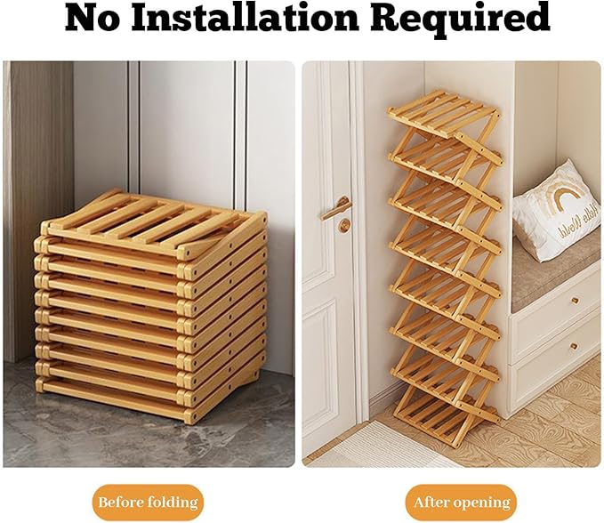 2/3/4/5/6/7/8/9 Tier Bamboo Shoe Rack - Foldable,No Installation Needed,Space-Saving Multi-Tier Storage for Indoor & Balcony Use (Yellow,8 Layers)