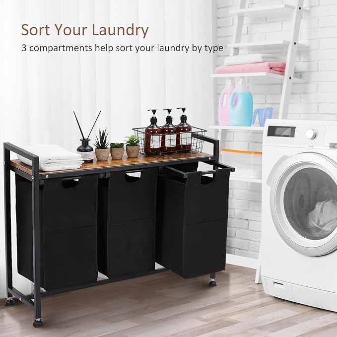 Laundry Sorter Basket with 3 Compartments & Detachable Liners, 3 x 12.1 Gal, Pull-Out Oxford Fabric Bins with Ventilated Shelf for Bathroom/Laundry Room Organization