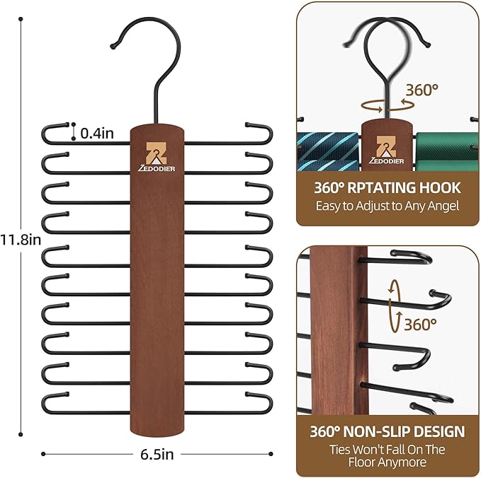 ZEDODIER Wooden Tie Rack, Tie Hanger for Men Closet, 20 Storage Capacity, Non-Slip Rotatable Tie Organizer, Hanging Space Saving Holder, Vintage