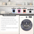 4 Pack Laundry Pods Container & Dryer Sheet Holder - Clear Plastic Laundry Room Organization Storage Containers with Black Lids, Scoops & Labels for Detergent Pods, Powder, Scent Boosters, Beads