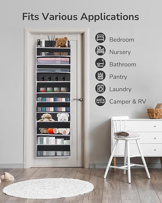 ULG 2Pack-Over The Door Organizer with 6 Large Pockets 12 Side Pockets Door Hanging Organizer Black Door Hanging