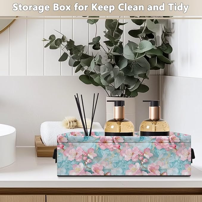 Storage Bins for Organizing Toilet Tank Topper Paper Basket Space-saving Stylish Shelf Bin Decorative Small Items Basket Holder Bathroom Accessories, Pink Flower Marble