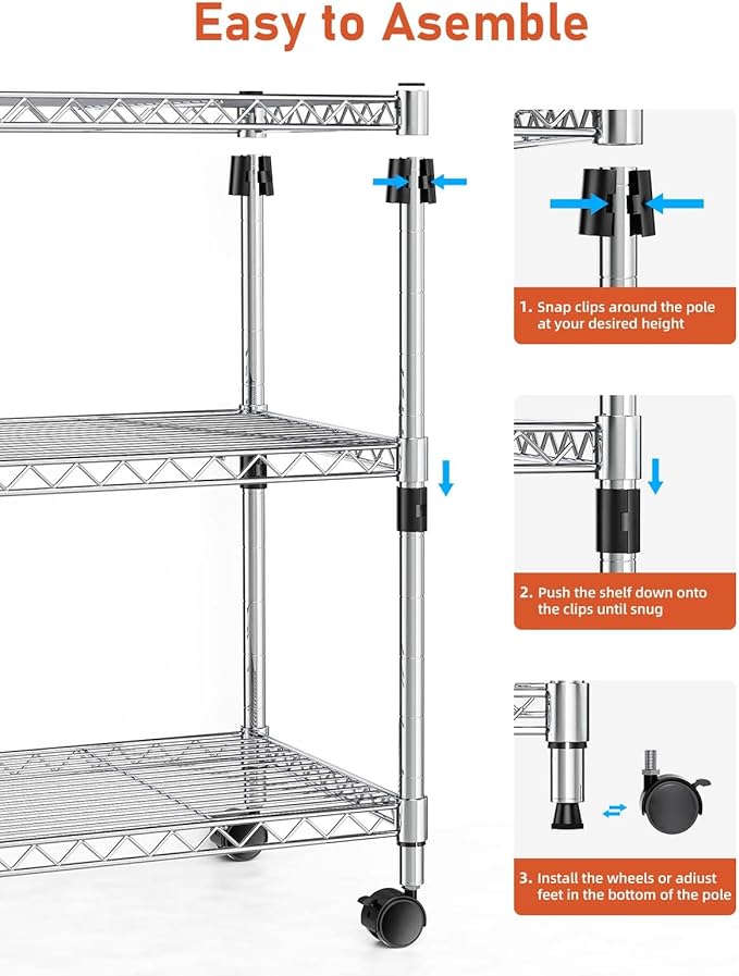 Simple Deluxe Heavy Duty 3-Shelf Shelving Unit, 24.02" D x 13.78"W x 21.97" H, 3 Tier, Chrome