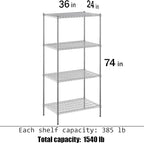 24" Deep x 36" Wide x 74" Height Wire Shelving Kit | 4-Tier | NSF Commercial Storage Rack Unit