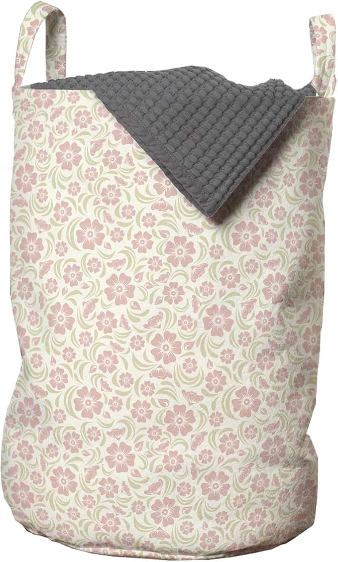 Ambesonne Flower Laundry Bag, Vintage Old Fashioned Floral Pattern Silhouettes Briar Shrubs Roses Retro, Hamper Basket with Handles Drawstring Closure for Laundromats, 13" x 19", Rose Pale Green White