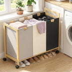Homykic 250L Laundry Sorter Cart with Wheels, 3-Section Rolling Laundry Basket with Removable Bags, 66 Gal Large Laundry Hamper Organizer, Heavy Duty Bamboo Frame, Water-Resistant, Multicolor