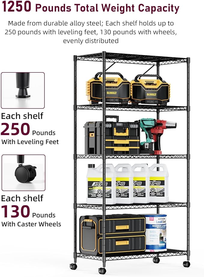 Simple Deluxe 5-Tier Heavy Duty Storage Shelving Unit, 1250 Lbs Loading Capacity, 29.92" W x 13.98" D x 61.02" H, Black