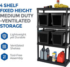 Gracious Living 4 Shelf Fixed Height Ventilated Medium Duty Shelving Unit, Organizer System with 10-Gallon Storage Bins & Lids, Black