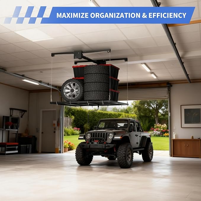 4x4 FT Overhead Garage Ceiling Storage Rack, 350 LBS Heavy-Duty Lift Elevator System with Smooth Hand Crank, Space-Saving Hoist Organization for Bins, Tools & Seasonal Gear