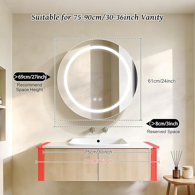 24inch Round Medicine Cabinet with Lights,Led Medicine Cabinet with Defogger,Illuminated Mirror Cabinet for Bathroom,Dimmable,Anti-Fog,3 Colors,Surface Mount Only,White
