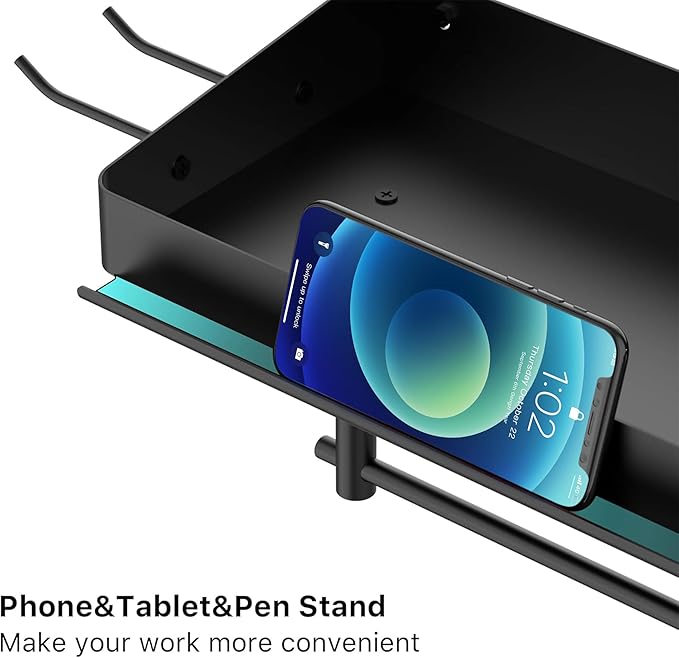 ZUNTO Garage Paper Towel Holder with 2 Shelves, Black Paper Towel Holder with Hooks, Wall Mount Paper Towel Rack for Organization and Storage, Drilling