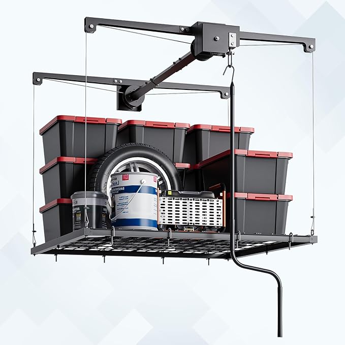 GarveeHome Adjustable 4x4 ft Ceiling Storage Rack, Heavy Duty Overhead Garage Rack with 250 Lb Capacity and Auto Safety Lock, Ideal for Attic and Basement Organizing