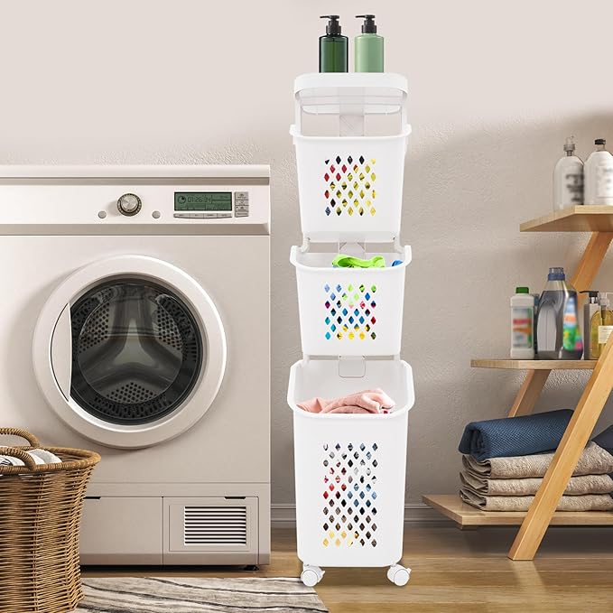 3-Tier Laundry Hamper Sorter with Wheels, Vertical Rolling Laundry Baskets Removable and Stackable, Space-Saving Cart Organizer for Dorm, Closet and Bathroom (3-Tier)