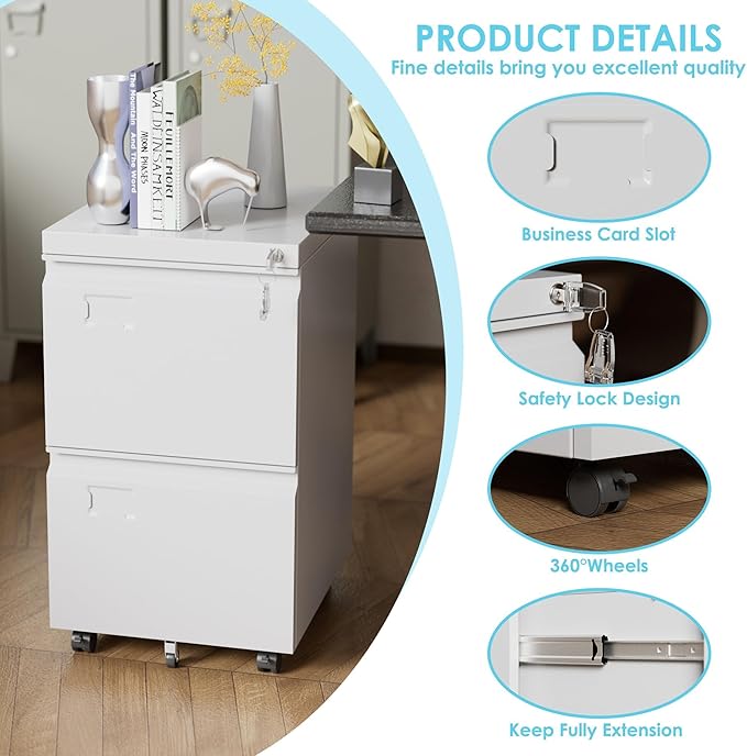 Aobabo 2 Drawer Filing Cabinet with Wheels, Lockable Metal File Cabinet with Business Card Slot for Legal/Letter Size Home Office, Required Assembled,White