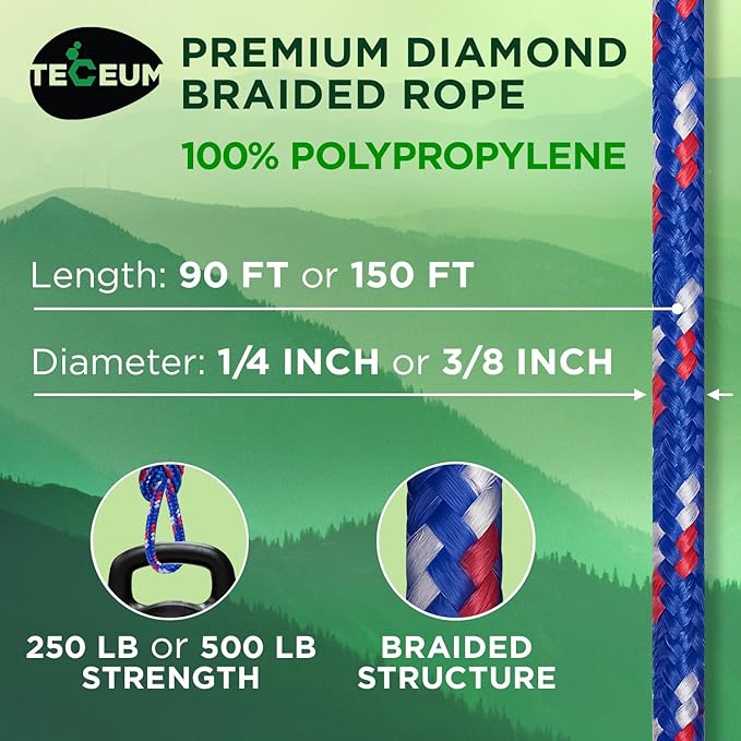 TECEUM Rope – 90 Feet x 1/4 Inch (7mm) – Patriot Mix – Strong All-Purpose Utility Rope – Camping, Crafting, Flag Pole, Indoor & Outdoor – Polypropylene Nylon Poly Lightweight Diamond Braided Cord