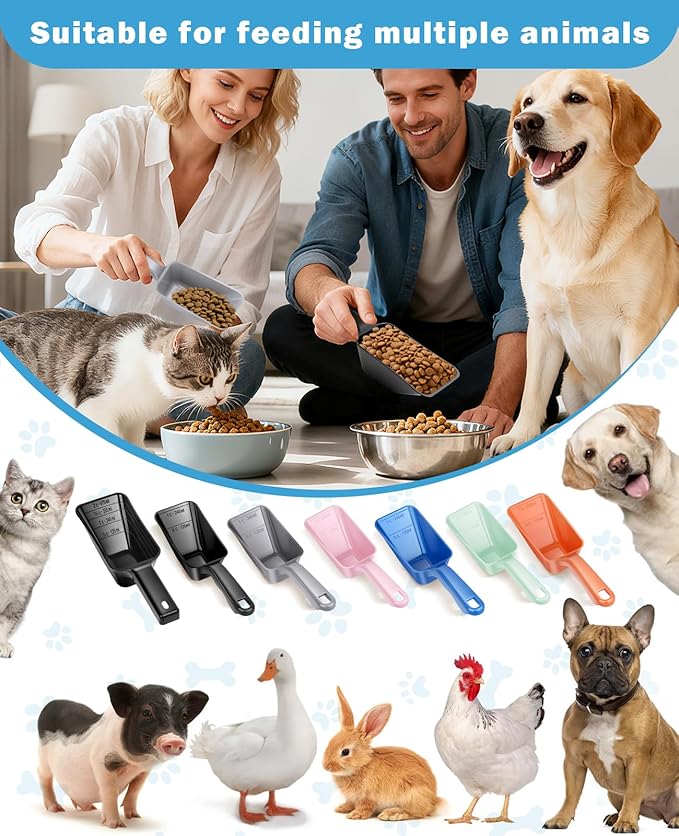 2-Pack Dog Food Scoop Set,1 Cup and 2 Cup Plastic Pet Food Measuring Scoops with Clear Measurement Lines,Multi-Purpose Pet Food Scooper for Dogs, Cats (Grey and Black)