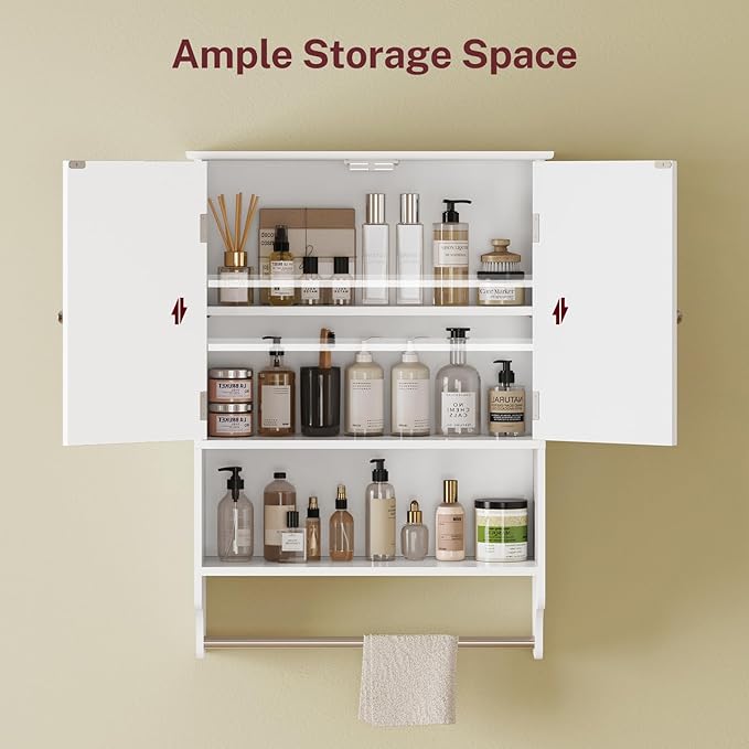 TEENFON Bathroom Wall Cabinet with Adjustable Shelves and Towel Rack, Wall Mounted Over the Toilet Storage Cabinet for Bathroom, Living Room, White UNGGX005W