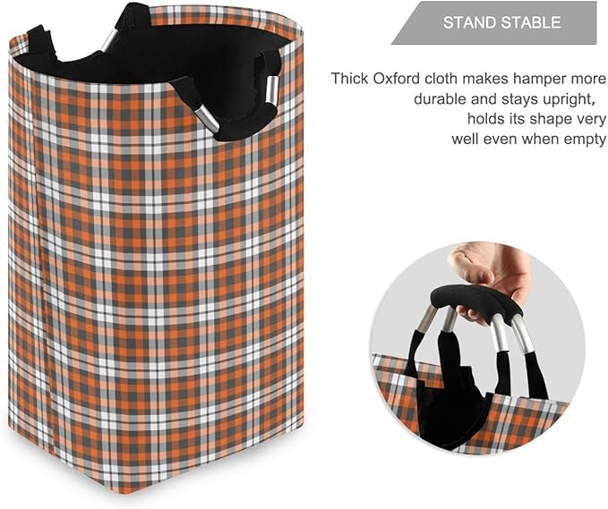 Orange Plaid Laundry Basket for College Dorm,50L Collapsible Portable Laundry Hamper Storage Basket for Toys Clothes Organizer