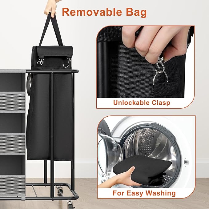 WOWLIVE Laundry Sorter 2 Section 200L Rolling Laundry Hamper with Hanging and Removable Bags Laundry Cart with Steel Frame and Storage Unit Large Basket Organizer for Dorm Room, Bathroom (Black)