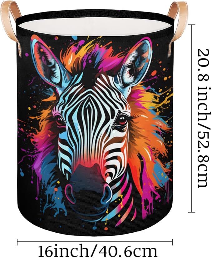 Colorful Animal Zebra Collapsible Laundry Basket Large Laundry Hamper Waterproof Foldable Storage Bins Laundry Basket with Leather Handles Clothes Nursery Hampers