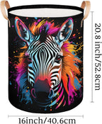 Colorful Animal Zebra Collapsible Laundry Basket Large Laundry Hamper Waterproof Foldable Storage Bins Laundry Basket with Leather Handles Clothes Nursery Hampers