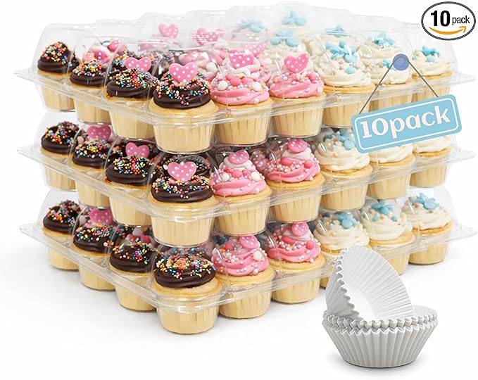 (24 Count x 10 Sets Plastic Cupcake Containers with Liners, Clear Cupcake Holder with Lids, Disposable Cupcake Carrier for Bakery, Cupcake Storage Box for Parties, Bake Sale Packaging