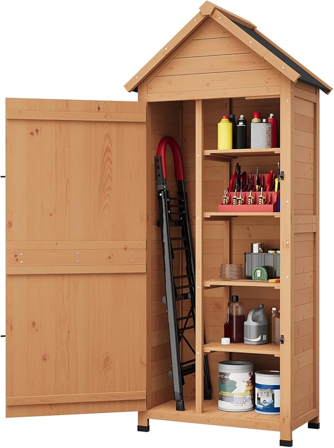 GarveeLife Outdoor Wooden Storage Shed Waterproof, 63 in Vertical Outdoor Storage Cabinet with 4 Shelves & Lockable Door, Space-Saving Garden Tool Shed for Patio, Yard, Lawn