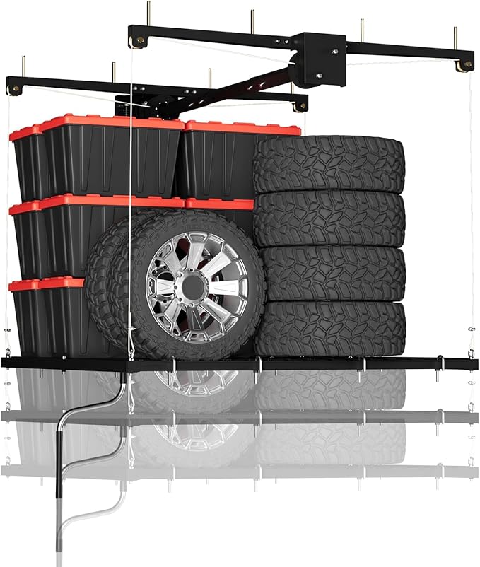 GAOMON Overhead Ceiling Storage Rack 4x4 ft,Heavy-Duty Carbon Steel Garage Lifting Rack with Manual Hand Crank, Adjustable Height, 350 Lbs Capacity, Maximizes Overhead Space for Garages, Basements