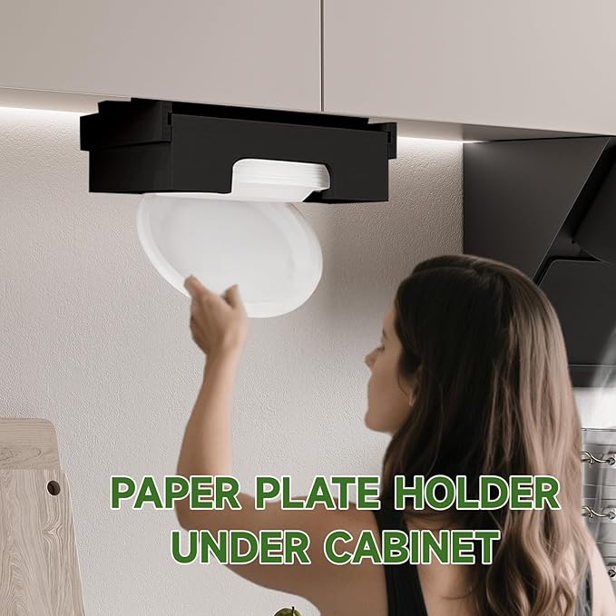 Paper Plate Dispenser Under Cabinet - 10 inch Bamboo Paper Plate Dispenser, Kitchen Counter Vertical Holder Organizer Countertop Caddy Black
