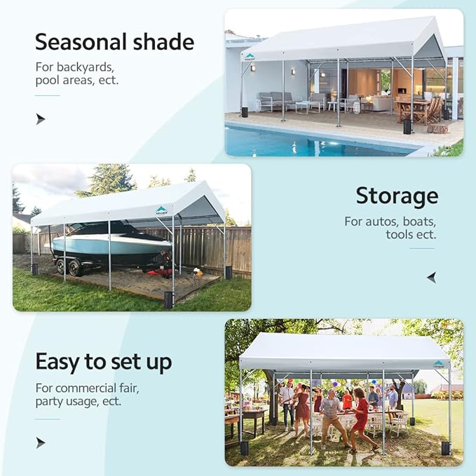 ADVANCE OUTDOOR 12x20 ft Canopy Garage Heavy Duty Carport Car Boat Shelter Party Tent, Adjustable Peak Height from 9.5ft to 11ft, White