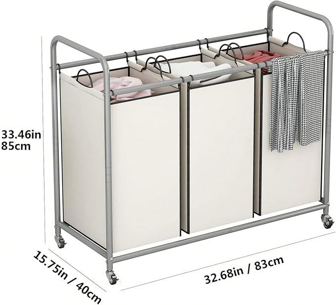 3-Bag Laundry Sorter Cart with Rolling Lockable Wheels, Removable Bags, 32.68 x 15.75 x 33.46 in, Black, Beige and Grey (Beige)