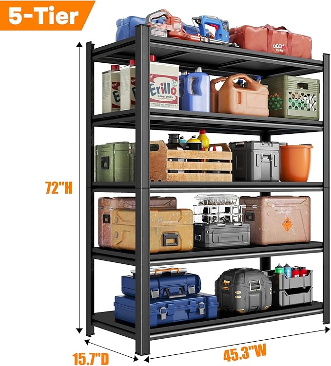 Metal Storage Shelves, 5-Tier 72" H x 45.3" W x 15.7" D Garage Shelving Unit, Heavy Duty & Adjustable, Easy Assemble Metal Rack for Pantry, Kitchen, Basement, Warehouse