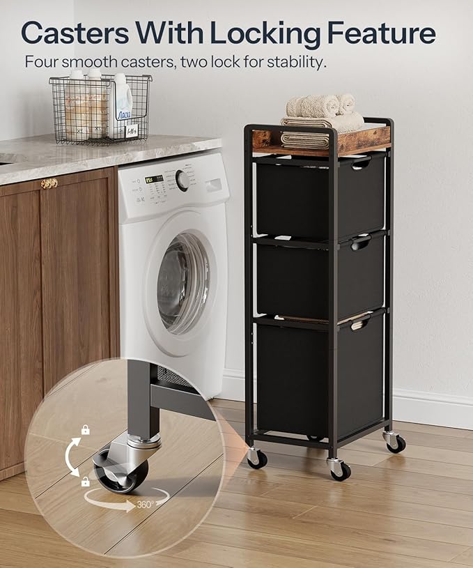 HOOBRO Vertical Laundry Hamper with Wheels, Slim 3 Section Laundry Sorter, Space Saving Rolling Laundry Cart with Removable Bags & Shelf, Laundry Basket for Bathroom, Bedroom, Rustic Brown
