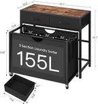 Laundry Sorter 3 Section with Tabletop & 2 Drawers, Rolling Laundry Hamper with Pull-Out and Removable Bags, Laundry Basket Organizer with Wheels and Shelf, Metal Frame Rustic Brown for Laundry Room