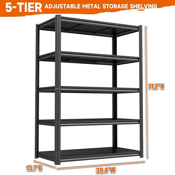 Garage Shelving Unit 3000 LBs Adjustable Metal Shelf 5 Tier, Storage Shelves Heavy Duty Industrial Storage Racks Utility Shelf Organiazation for Tools Garage Basement Warehouse 39.4"W*15.7"D*71.2"H