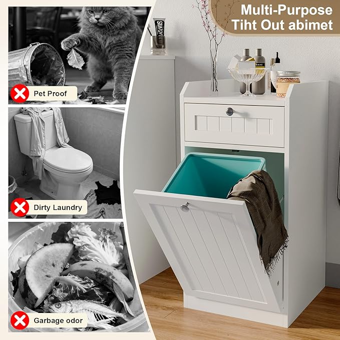 Single Tilt Out Trash Can Cabinet, Dog-Resistant, Fits 13.8"H Bins (Max 11.8"x11.8" Base), Easy Assembly, White for Kitchen & Laundry
