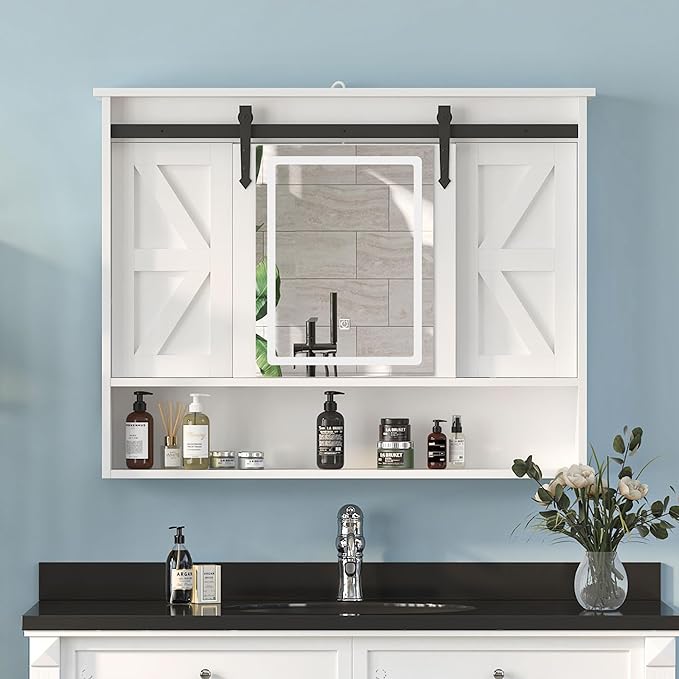 Farmhouse Lighted Medicine Cabinet with Mirror,Sliding Barn Door Mirrored Medicine Cabinet for Bathroom,3-Color Memory LED Medicine Cabinets Mirror Wall Mounted for Kitchen/Laundry,28x35