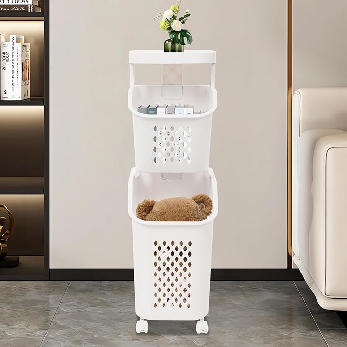 Tiered Laundry Storage Organizer Tiered Laundry Hamper Sorter Bathroom Laundry Basket with Wheels Removable Plastic Storage Basket for Kitchen (2-Tier)