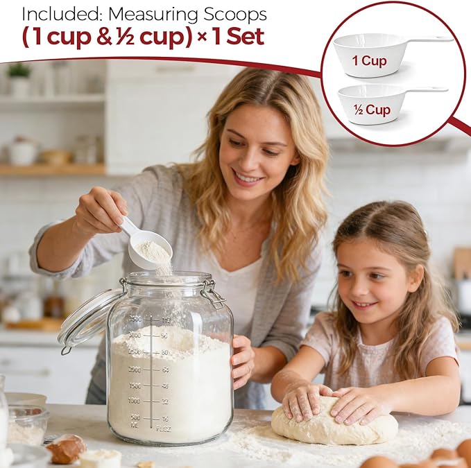 1.1 Gallon Wide Mouth Glass Canisters with Airtight Lids & Measurement Marks (2-Pack) – Includes 2 Measuring Scoops & Labels, Food Storage Jars for Flour, Sugar & Baking Supplies | BPA-Free