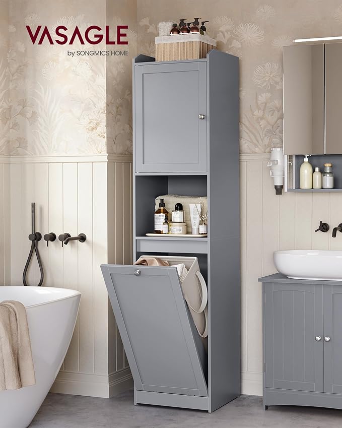 VASAGLE Tall Storage Cabinet, Storage Unit with Removable Laundry Basket, Compartment and Cabinet, for Bathroom, Living Room, 15.8 x 15.8 x 66.9 Inches, Dove Gray UBBC761G02