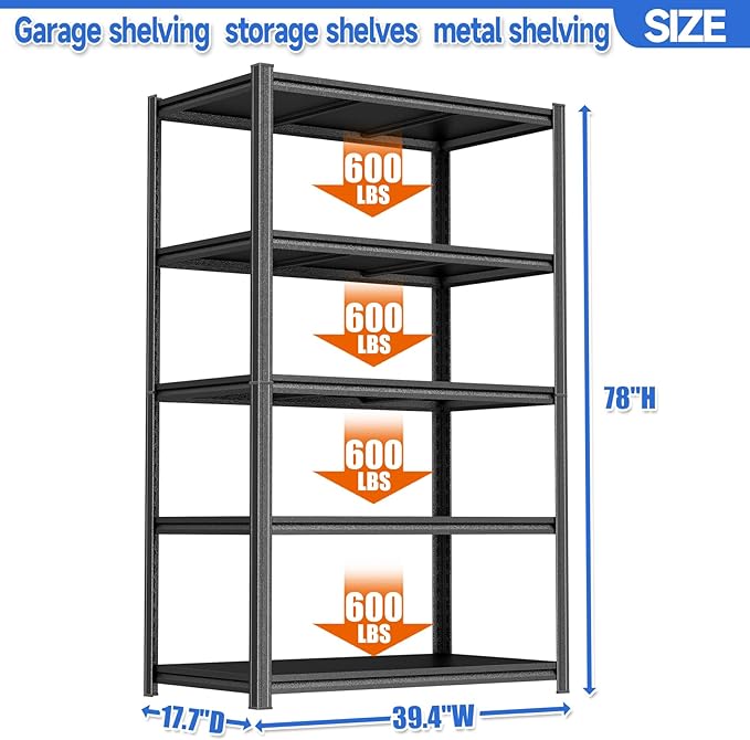 78"H Storage Shelves Heavy Duty Garage Shelving 3000LBS 5 Tier Adjustable Metal Shelving Unit Storage Rack for Basement, Warehouse, Pantry, Closet, Kitchen 39.4" W × 17.7" D × 78" H, Black